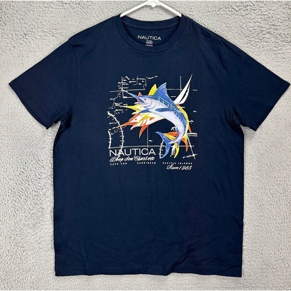 Nautica Shirt Adult Medium Blue Graphic‎ Print 100% Cotton Tee Short Sleeve Mens - Picture 1 of 6